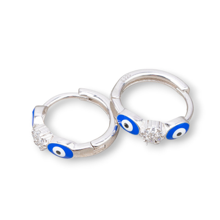 Boucles d'Oreilles Tiges Argent 925 Avec Oeil d'Allah Cercle 4x16mm 2 Paires Plaqué Rhodium Bleu