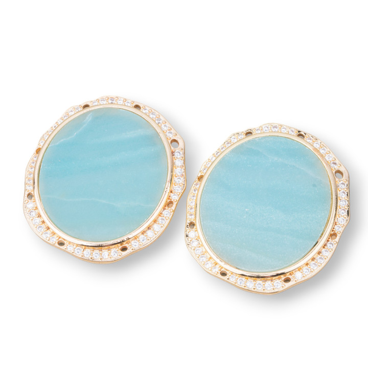 Bronze Pendant Component With Semiprecious Stones Set Oval 28x31mm With 8 Holes 4pcs Golden Amazonite