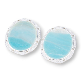 Bronze Pendant Component With Semi-precious Stones Set Oval 28x31mm With 8 Holes 4pcs Rhodium-Plated Amazonite