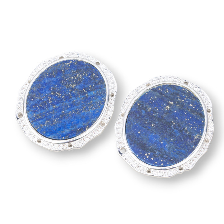 Bronze Pendant Component With Semi-precious Stones Set Oval 28x31mm With 8 Holes 4pcs Rhodium-Plated Lapis Lazuli