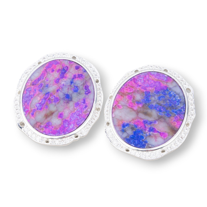 Bronze Pendant Component With Semi-precious Stones Set Oval 28x31mm With 8 Holes 4pcs Rhodium-Plated Mosaic