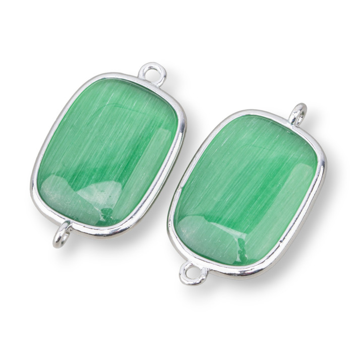 Connettore Componente Di Ottone Con Occhio Di Gatto Rettangolo 16x21mm Con 2 Anellini 8pz Rodiato Verde Chiaro