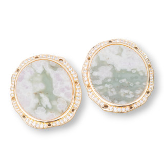 Bronze Pendant Component With Semiprecious Stones Set Oval 28x31mm With 8 Holes 4pcs Golden Light Moss Agate