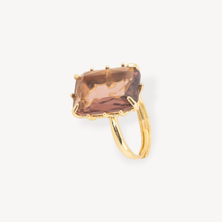 Bague Bronze Avec CZ Cabochon Rectangle Cristaux 15x20mm Taille Ajustable Violet