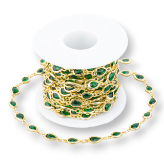 Rosario Cadena Latón Con Cabujón Ojo De Gato Gota 6,5x8,5mm 5mt Verde Esmeralda Dorada