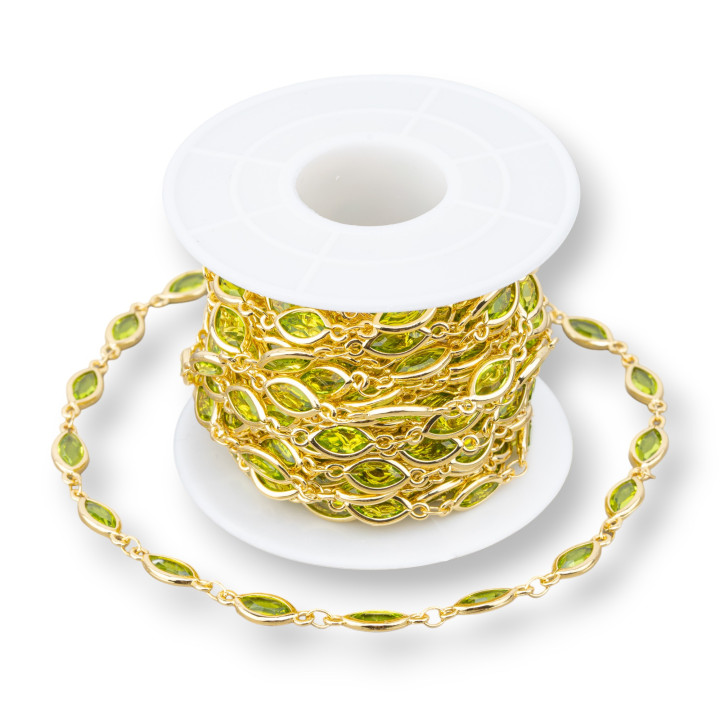 Catena Rosario Di Ottone Con Occhio Di Gatto Cabochon Navetta 6,5x10mm 5 Metri Dorato Verde Peridot