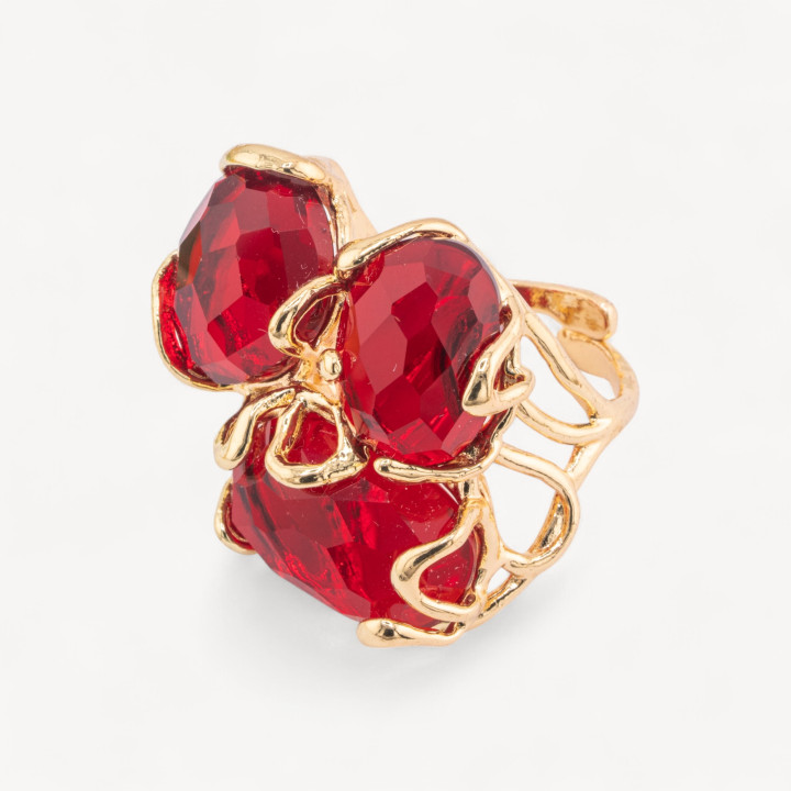 Anello Regolabile in Bronzo Dorato Collezione AURORA con Occhio Di Gatto Rosso Trasparente | Gioiello Artigianale Donna 32x36mm