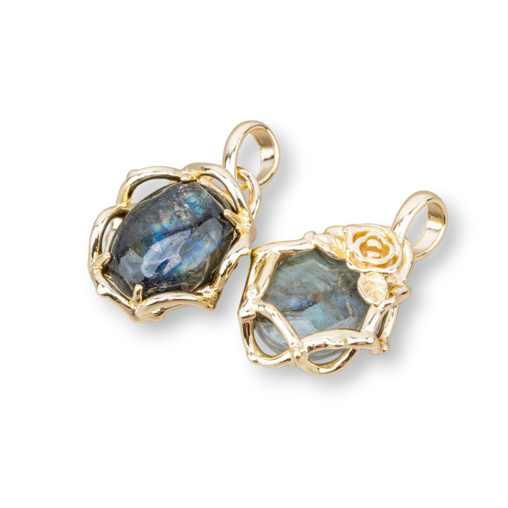 Pendentif en bronze de style baroque avec pierres semi-précieuses 20x32mm 4Pcs Labradorite dorée