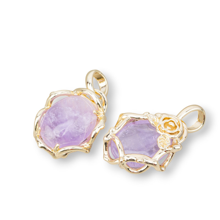 Baroque Style Bronze Pendant Pendant With Semi-precious Stones 20x32mm 4Pcs Golden Lavender