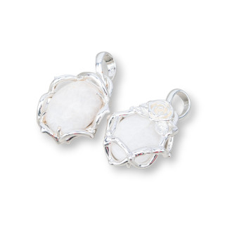 Pendentif en Bronze de Style Baroque avec Pierres Semi-précieuses 20x32mm 4Pcs Plaqué Rhodium Blanc