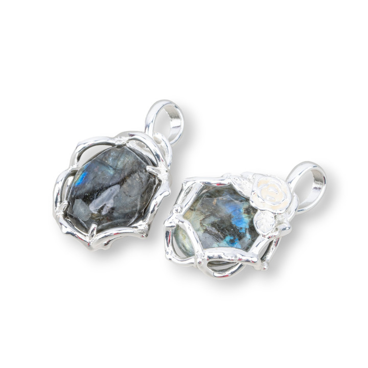 Baroque Style Bronze Pendant Pendant With Semi-precious Stones 20x32mm 4Pcs Rhodium Plated Labradorite