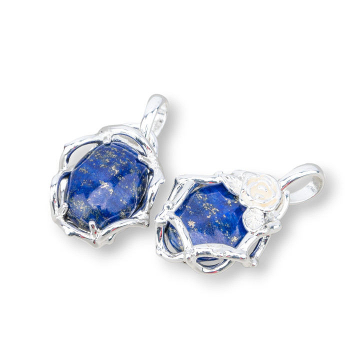 Baroque Style Bronze Pendant Pendant With Semi-precious Stones 20x32mm 4Pcs Rhodium-Plated Lapis Lazuli