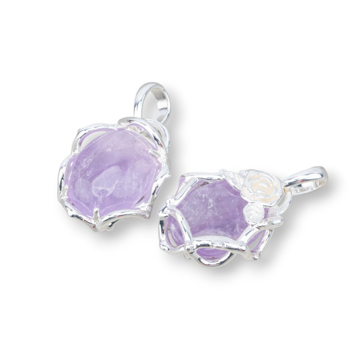 Pendentif Style Baroque en Bronze avec Pierres Semi-précieuses 20x32mm 4Pcs Lavande Plaqué Rhodium