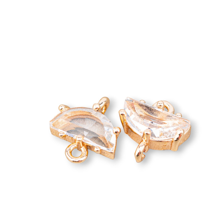 Componente Connettore Di Bronzo Con Cristalli CZ Mezzaluna Sfaccettate 10x7mm 24pz Con 2 Anellini Bianco