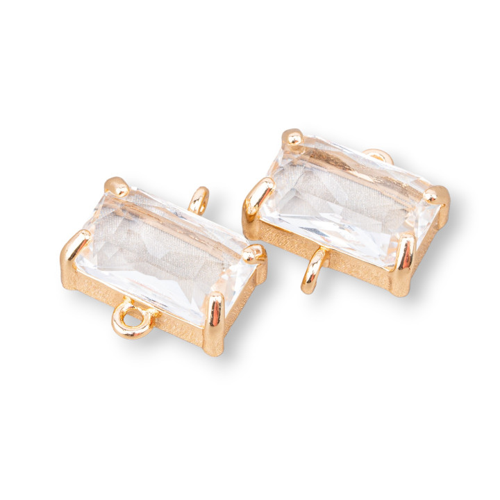 Componente Connettore Di Bronzo Con Cristalli CZ Rettangolo Sfaccettato 14x9mm 16pz Con 2 Anellini Bianco