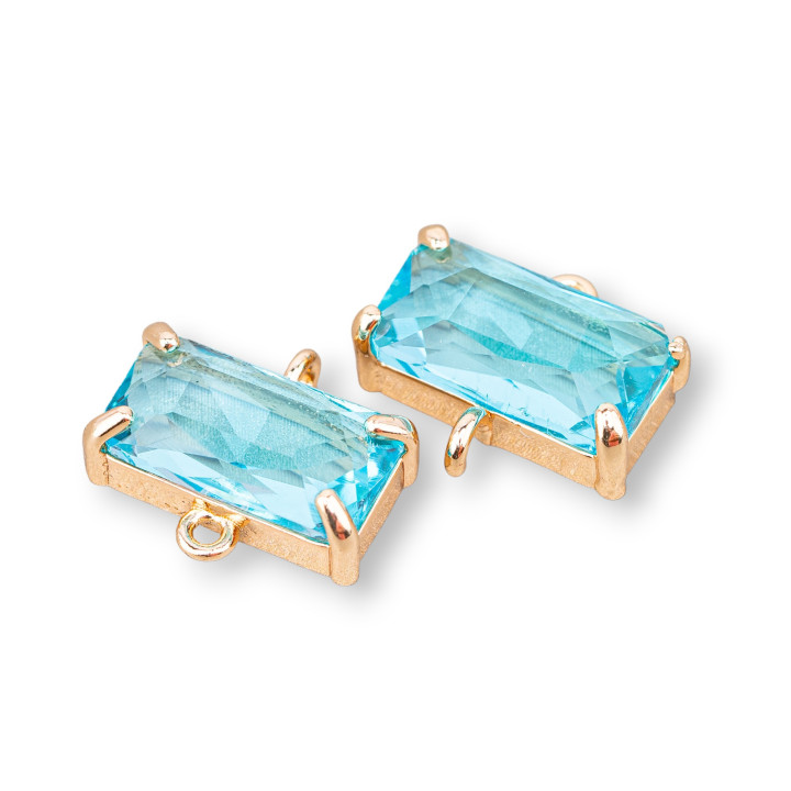 Bronze Connector Component With CZ Crystals Faceted Rectangle 16x9mm 15pcs With 2 Aqua Rings