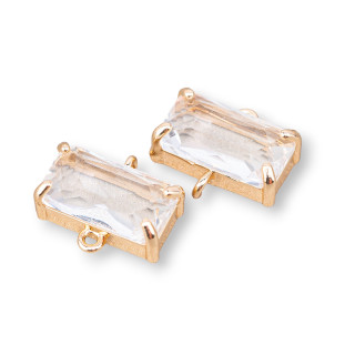 Bronze Connector Component With CZ Crystals Faceted Rectangle 16x9mm 15pcs With 2 Rings White