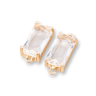 Bronze Connector Component With CZ Crystals Faceted Rectangle 8x16mm 15pcs With 2 Rings White