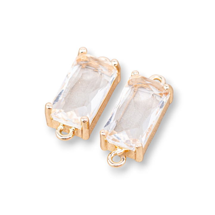 Bronze Connector Component With CZ Crystals Faceted Rectangle 8x16mm 15pcs With 2 Rings White