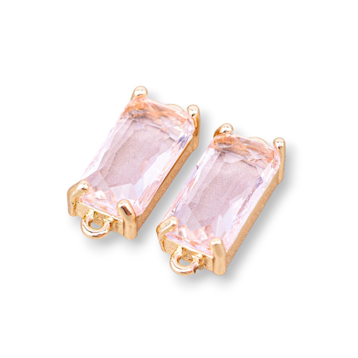 Bronze Connector Component With CZ Crystals Faceted Rectangle 8x16mm 15pcs With 2 Pink Rings