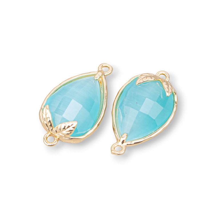 Componente conector de bronce con ojo de gato facetado 11,5x15,5 mm con 2 anillos 10 piezas Aqua