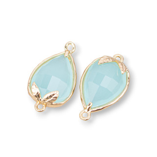 Bronze Connector Component With Faceted Cat's Eye 11.5x15.5mm With 2 Rings 10pcs Light Blue
