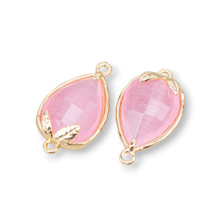 Bronze Connector Component With Faceted Cat's Eye 11.5x15.5mm With 2 Rings 10pcs Deep Pink