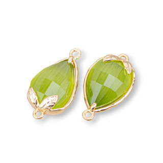 Componente Connettore Di Bronzo Con Occhio Di Gatto Sfaccettato 11,5x15,5mm Con 2 Anellini 10pz Verde Bosco