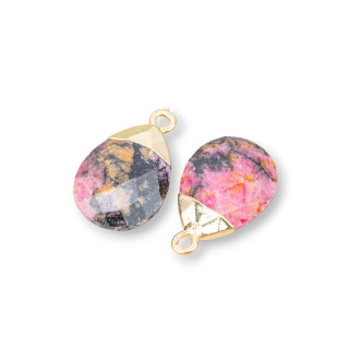 Bronze Pendant Component With Faceted Semi-precious Stones 12.5x20mm 6pcs Rhodonite