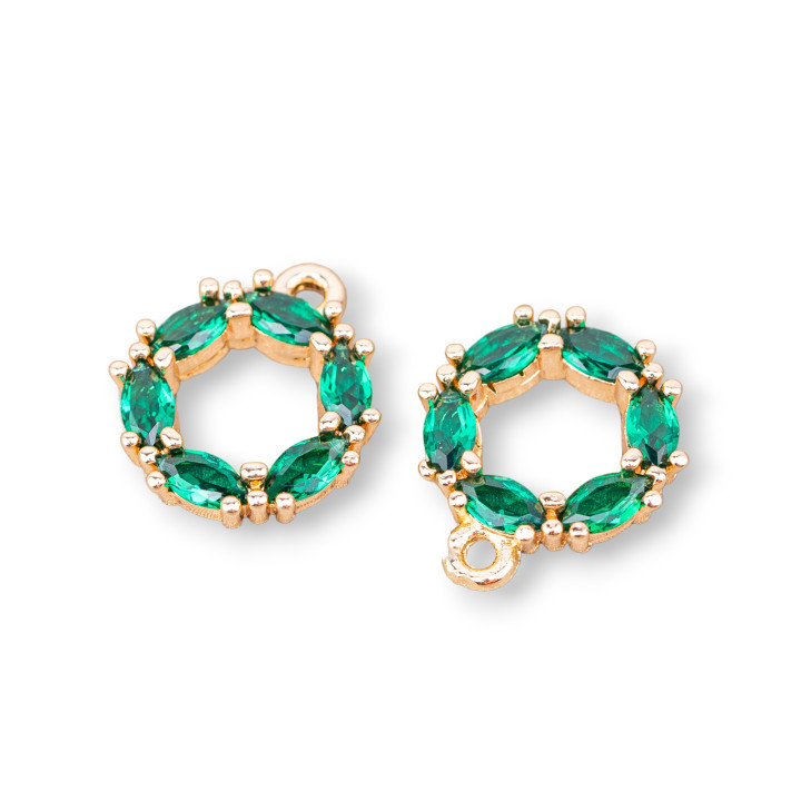 Componente Pendente Di Bronzo Con Zirconi Cerchietto 14mm 30pz Con 1 Anellino Verde Smeraldo