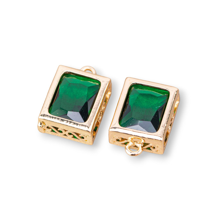 Composant Pendentif Bronze Avec Zircons Rectangle Facetté 10x12mm 11pcs Avec 1 Anneau Vert