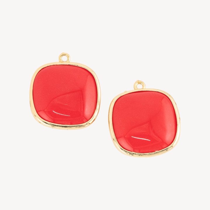 22mm Square Cat's Eye Brass Component Connector with 1 Ring 6pcs Pastel Red