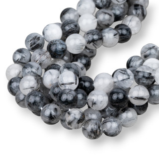 Quartz rutilé noir (quartz tourmaline rayé) rond lisse 14mm