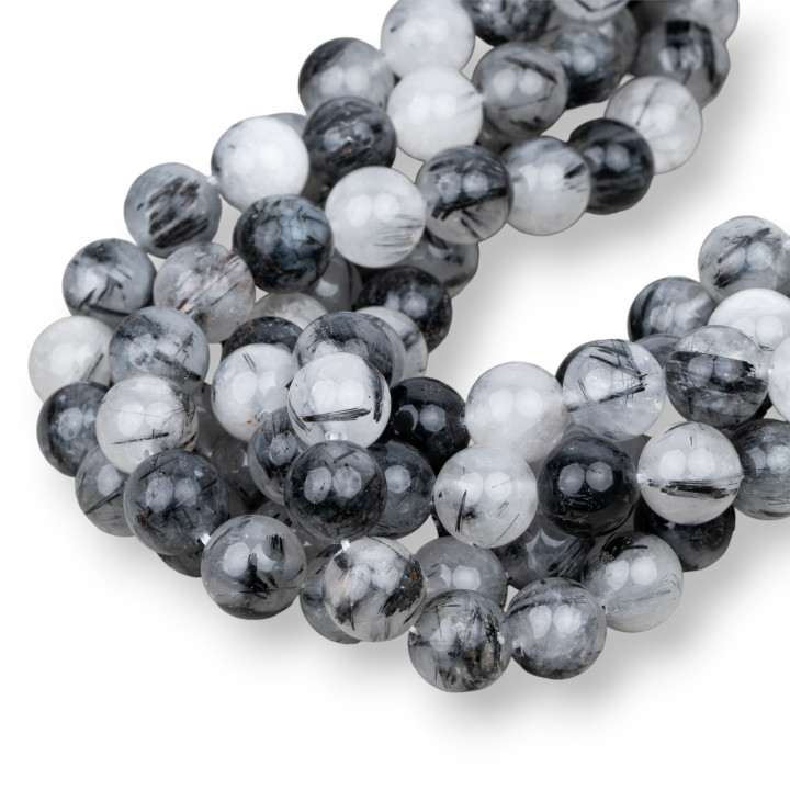 Quartz rutilé noir (quartz tourmaline rayé) rond lisse 14mm