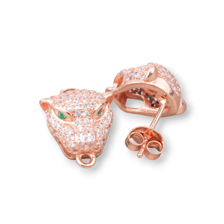 Pendientes De Plata De Ley 925 Base Con Circonitas Stud Cabeza De Leopardo 11x13mm 2 Pares Oro Rosa Ojos Verdes