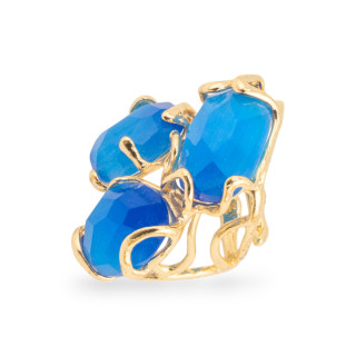 Bronze Ring With Cat's Eye 32x36mm Adjustable Size Golden Light Blue