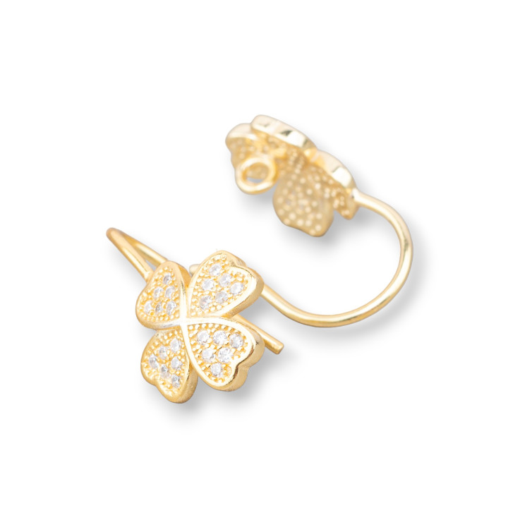 Base For Earrings Of 925 Silver Four Leaf Clover With Zircons 10mm 3 Pairs Golden