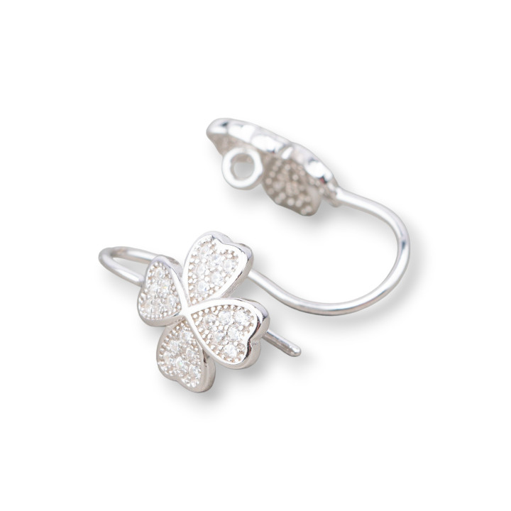 Base For Earrings Of 925 Silver Four Leaf Clover With Zircons 10mm 3 Pairs Rhodium Plated