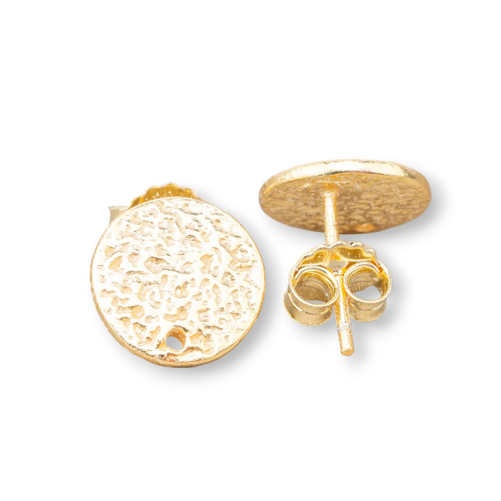 Base Per Orecchini Di Argento 925 Perno Tondo Battuto 10mm 2 Paia Dorato
