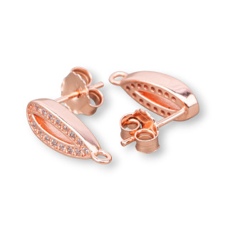 Sockel für Ohrstecker aus 925er Silber mit Pavé-Zirkonen, oval, 6 x 15 mm, 2 Paar Roségold