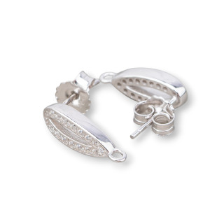 Bases for Stud Earrings in 925 Silver with Zircons Pave' Oval 6x15mm 2 Pairs Rhodium Plated