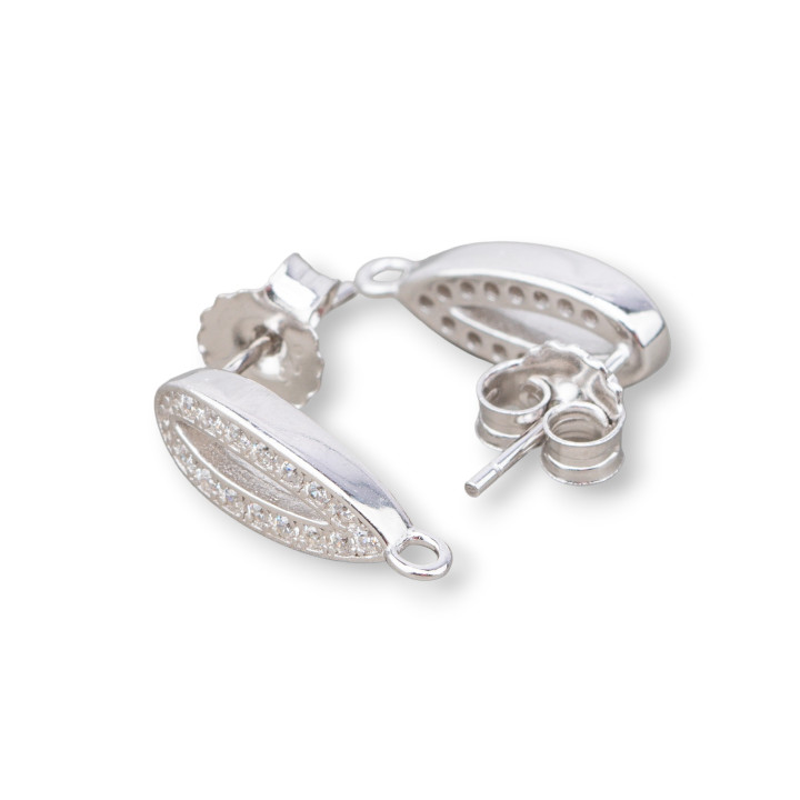Bases for Stud Earrings in 925 Silver with Zircons Pave' Oval 6x15mm 2 Pairs Rhodium Plated