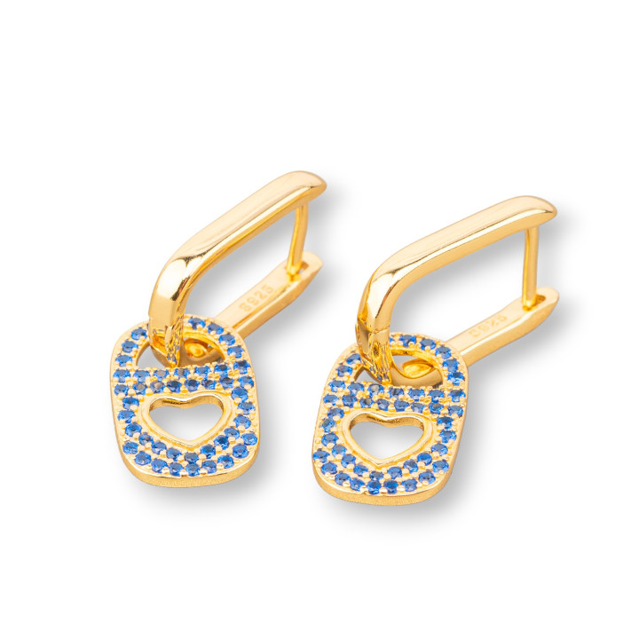 Orecchini Di Argento 925 Perno Con Zirconi 9x27mm 1 Paio Dorato Blu