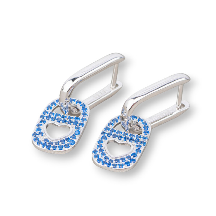 Boucles d'Oreilles Puces Argent 925 Avec Zircons 9x27mm 1 Paire Plaqué Rhodium Bleu