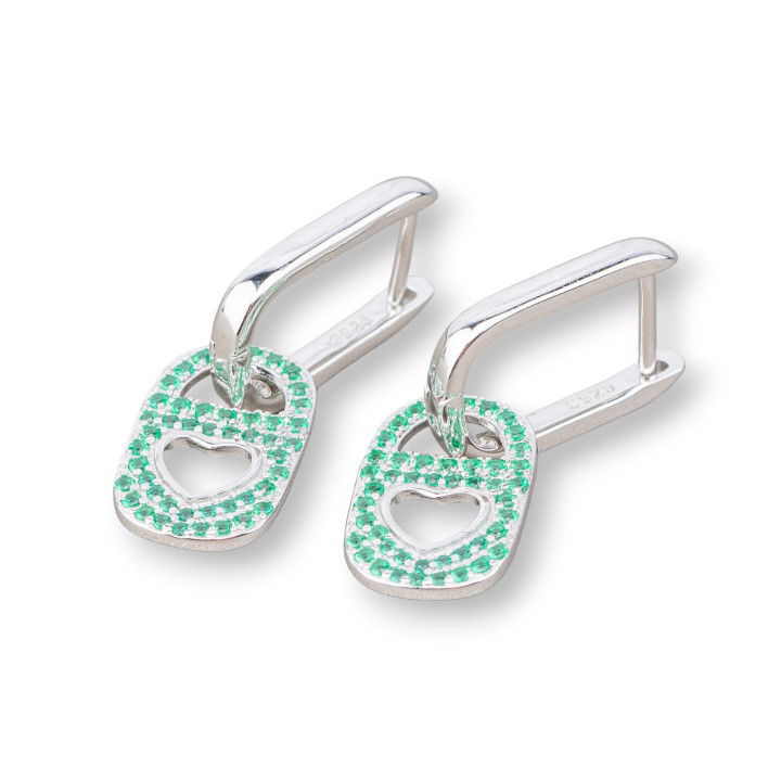 925 Silver Stud Earrings With Zircons 9x27mm 1 Pair Green Rhodium Plated