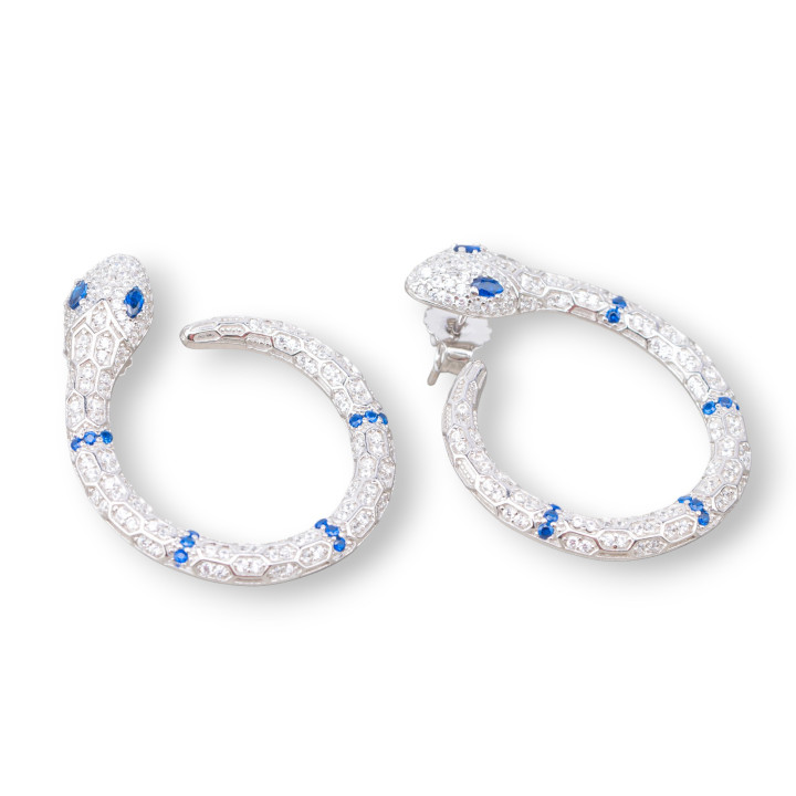 Boucles d'Oreilles Puces Argent 925 avec Zircons Micropave' Serpent 26x32mm 1 Paire Rhodié Bleu Saphir