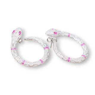 Boucles d'Oreilles Puces Argent 925 avec Micropave' Zircons Serpent 26x32mm 1 Paire Rouge Rubis Plaqué Rhodium
