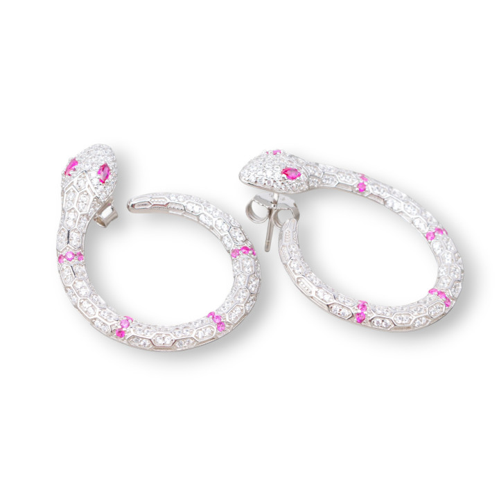 Pendientes De Plata 925 Con Micropavé De Circonitas Serpiente 26x32mm 1 Par Rubí Rojo Rodiado