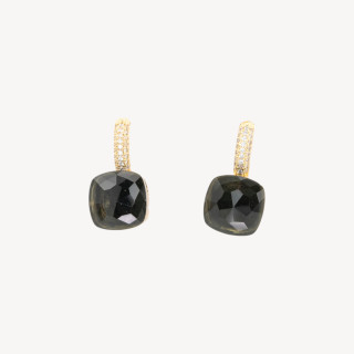 Bronze Closed Hook Earrings with Cushion Cut Cat's Eye with Zircons 13x26mm Dark Gray