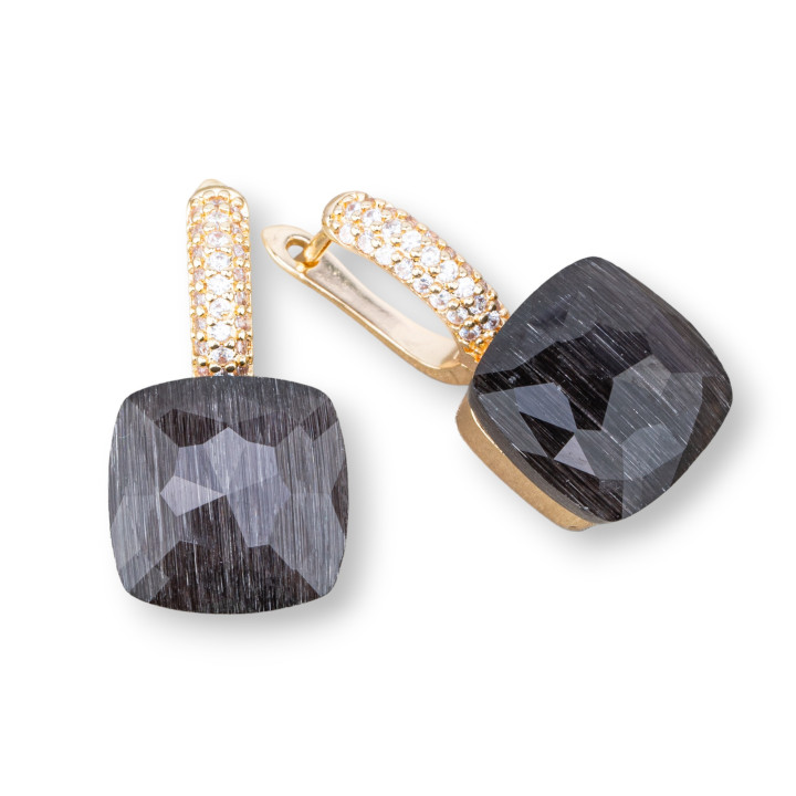 Χάλκινα σκουλαρίκια με κλειστό γάντζο με Cushion Cut Cat's Eye με Ζιργκόν 13x26mm Μαύρο Μαόνι